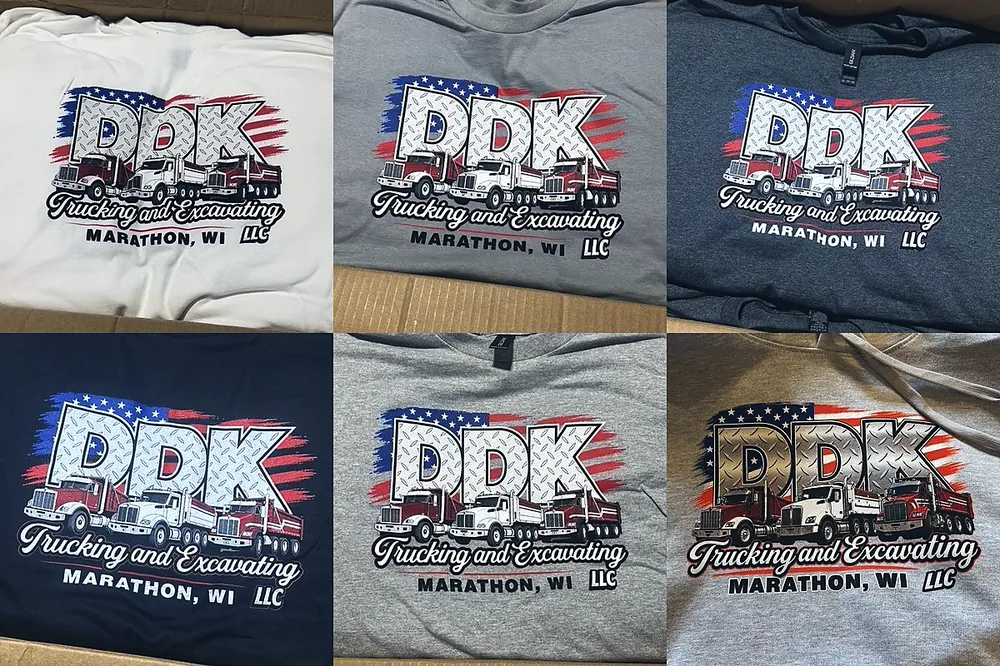 DDK Trucking and Excavating logo printed on six custom tees and hoodies in different colors, made by Patch Adams Promo in Wausau, WI