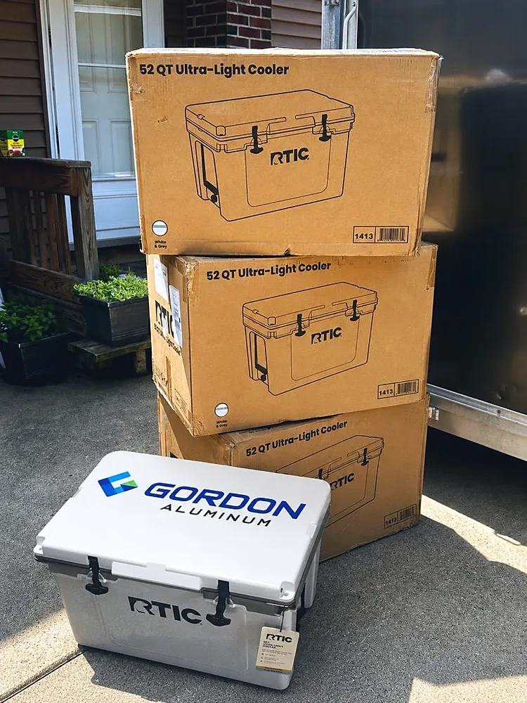 White RTIC cooler with a full-color Gordon Aluminum logo printed on the lid, a custom promotional product from Patch Adams Promo in Wausau, WI