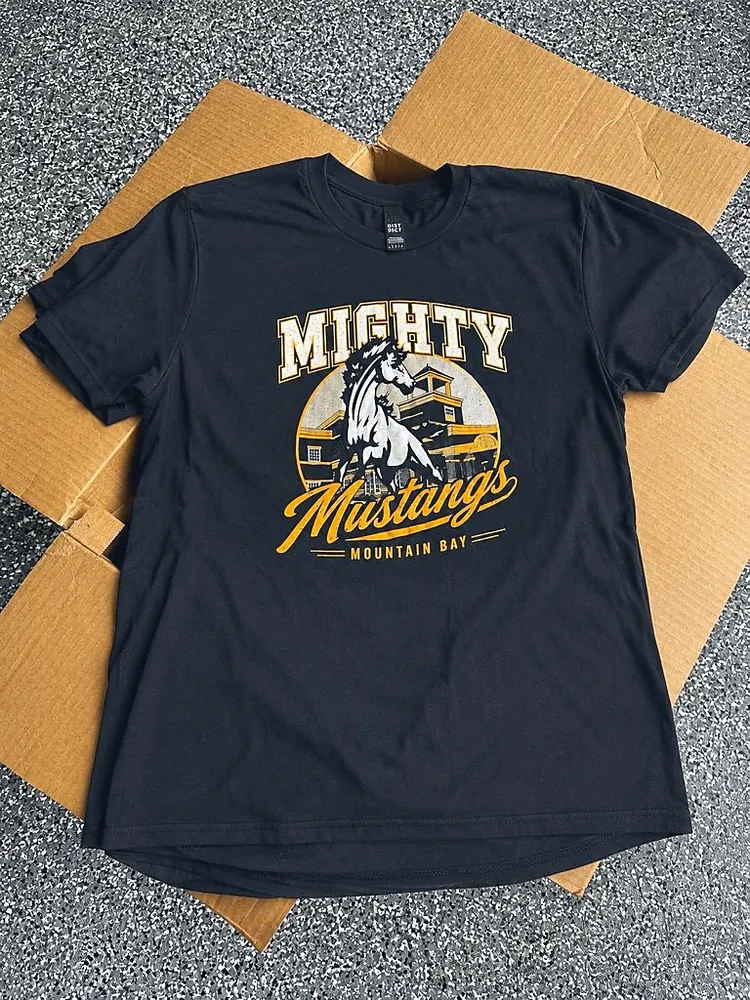 Black Mighty Mustangs Mountain Bay spirit wear t-shirt printed in gold and white, custom school apparel from Wausau, WI