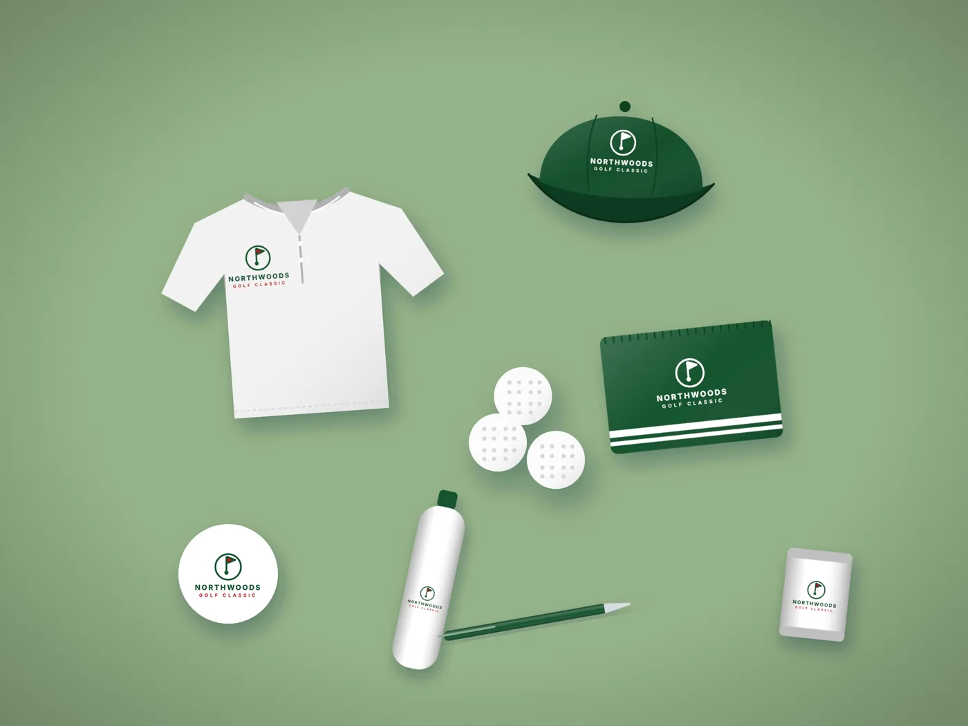 Golf outing kit with branded tee, tote, notebook and more