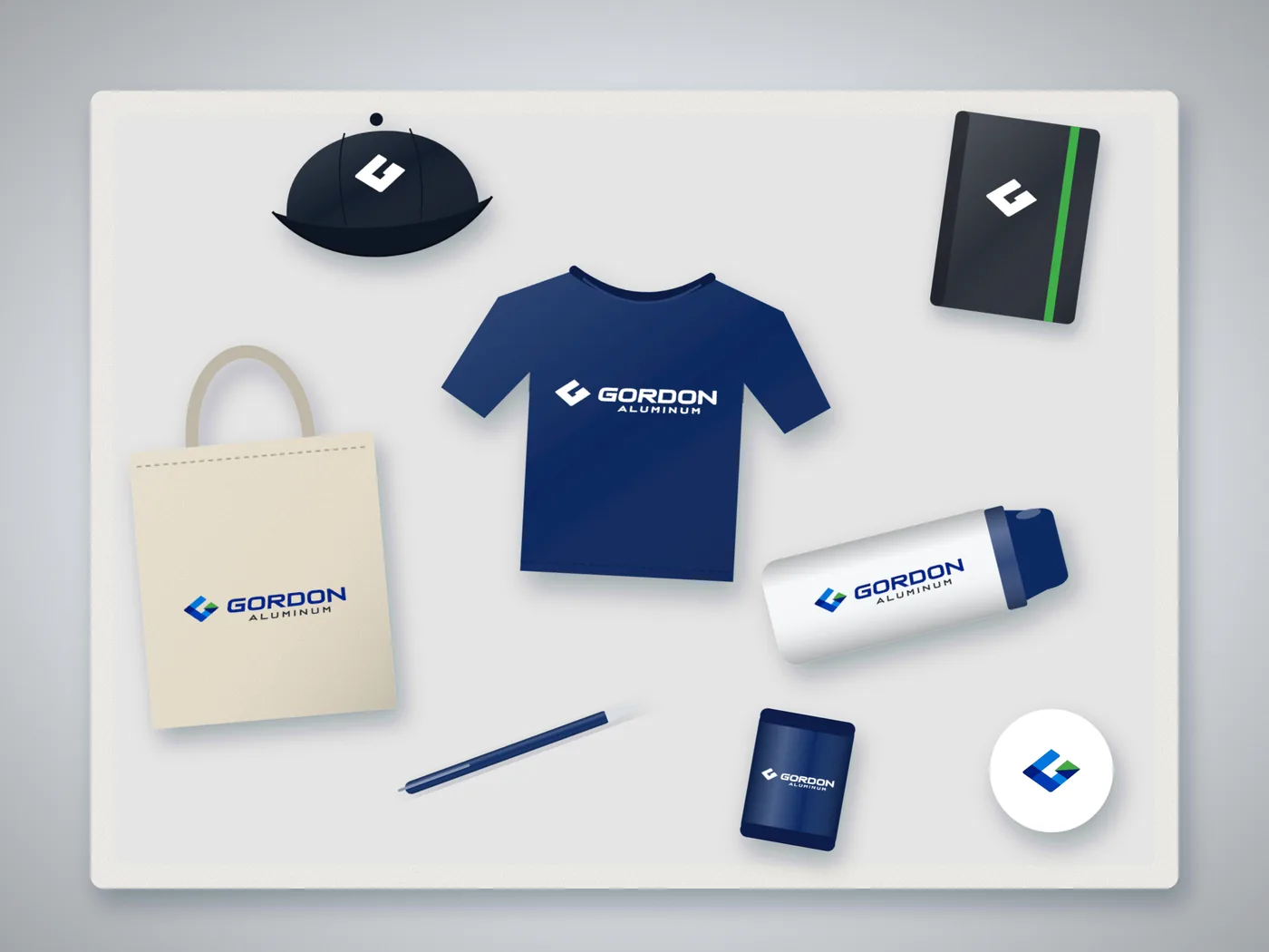 Gordon Aluminum kit with branded tee, tote, notebook and more