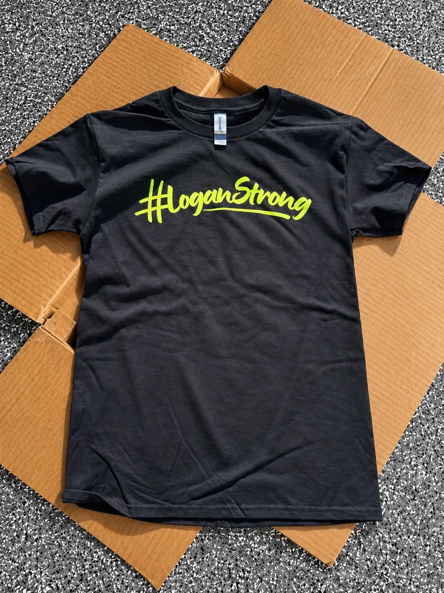 Black custom t-shirt with a neon yellow #LoganStrong benefit shirt print made in Wausau, WI