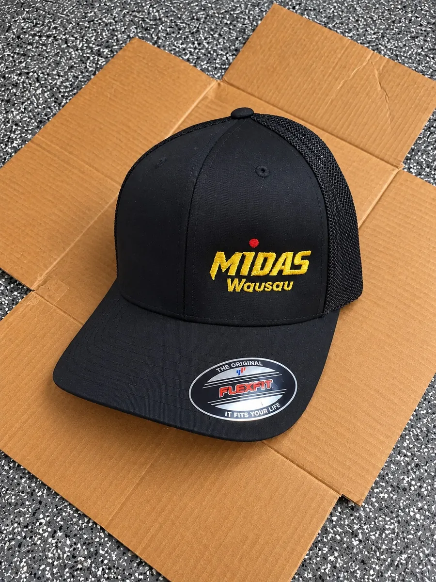 Black Flexfit cap with yellow embroidered Midas Wausau logo, custom embroidery by Patch Adams Promo in Wausau, WI