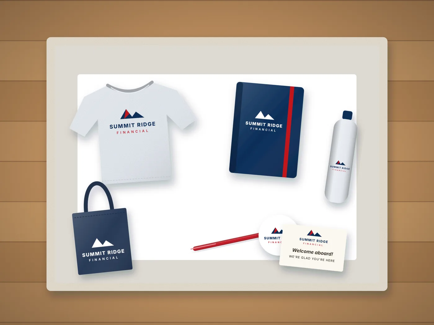 New hire welcome kit with branded tee, tote, notebook and more