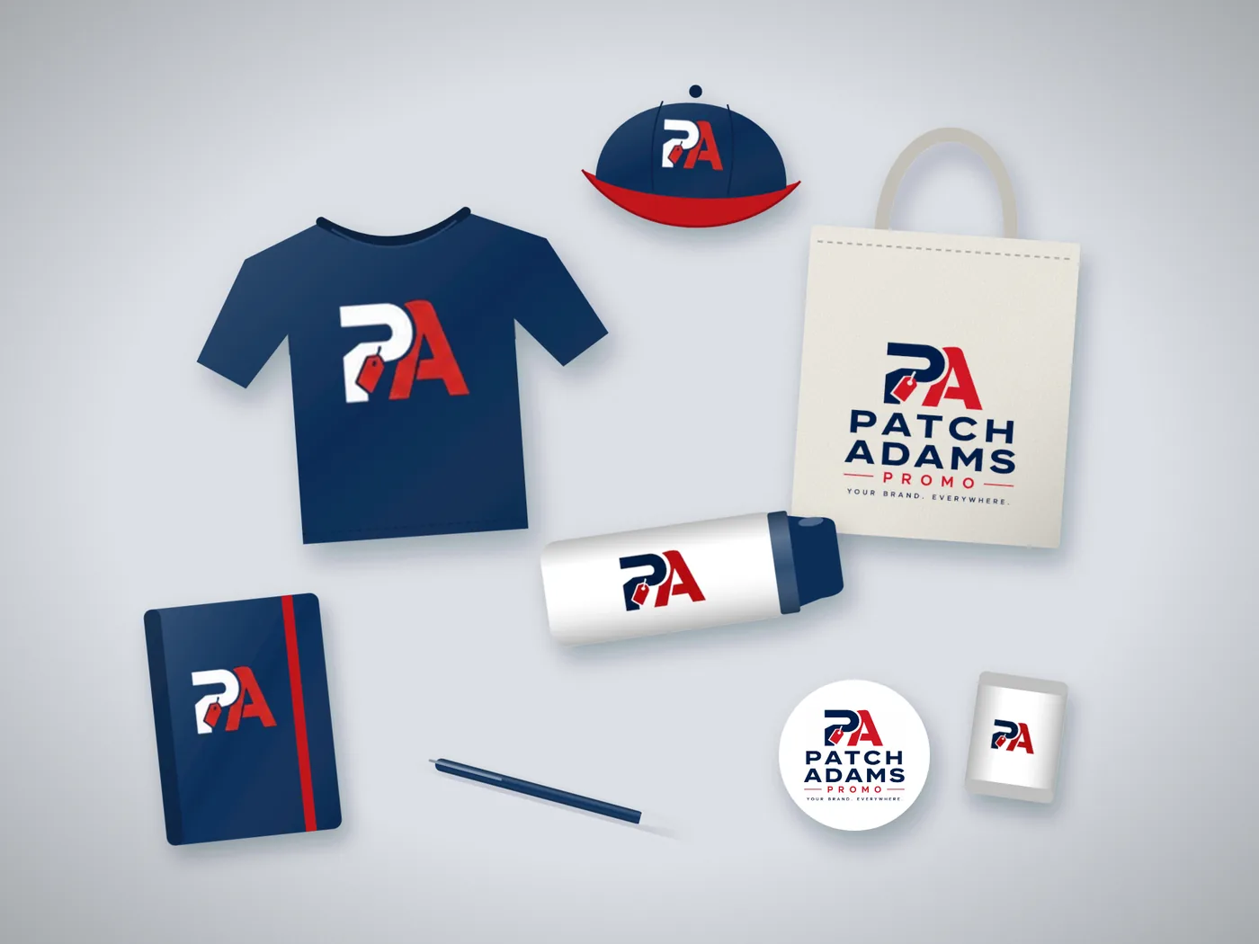 Patch Adams Promo swag kit with embroidered tee, cap, tote, tumbler and notebook
