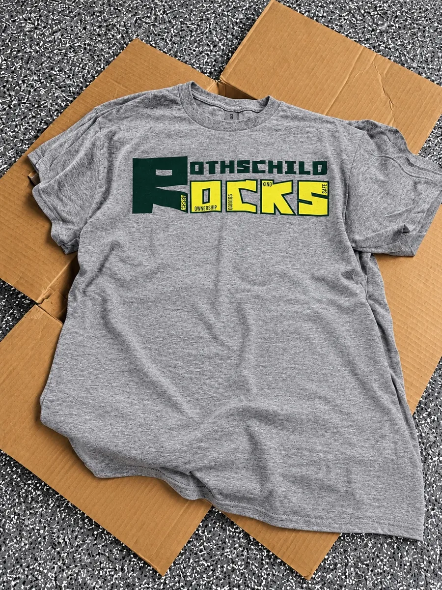 Heather gray Rothschild Rocks t-shirt with a green and gold two-color print, custom tees made in Wausau, WI
